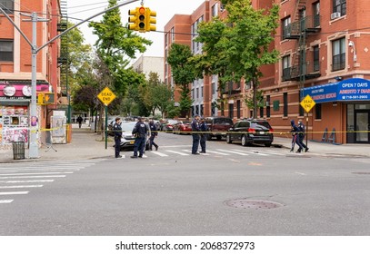 Bronx, NY USA November 2, 2021. Police Investigate The Scene Where A Robbery Suspect Opened Fire On Police In The Hunts Point Section Of The Bronx.  