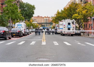 Bronx, NY USA November 2, 2021. Police Investigate The Scene Where A Robbery Suspect Opened Fire On Police In The Hunts Point Section Of The Bronx.  