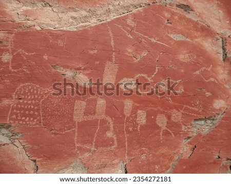 Bronze Age Rock Engravings Carvings or Petroglyphs of Bulls in the Vallée des Merveilles (Valley of marble) and Vallon de Fontanalba, Mercantour National Park, France, Europe. Anthropomorphic figures
