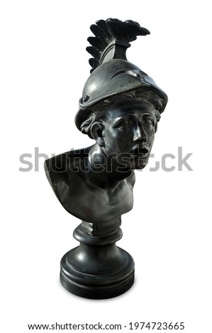 Bronze antique bust of Trojan War hero Ajax, isolated on white background. The inscription on the pedestal 