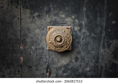 Bronze Antique Handle On A Very Old Front Door. Creepy Entrance.