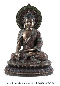 Bronze Buddha Statue Isolated Over White With Clipping Path.
