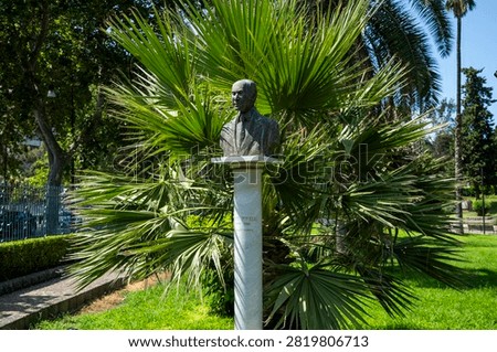 Bronze bust statue of Elio Pinelli on marble pillar among palm leaves
