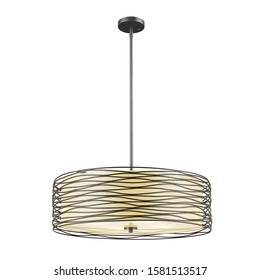 Bronze Chandelier Isolated On White Background. Ceiling Light Oval Pendant Light Fixture. Hanging Lights With Creme Fabric Shade. Modern 3-Light Led Chandelier. Pendant Sconce Lighting Lamp