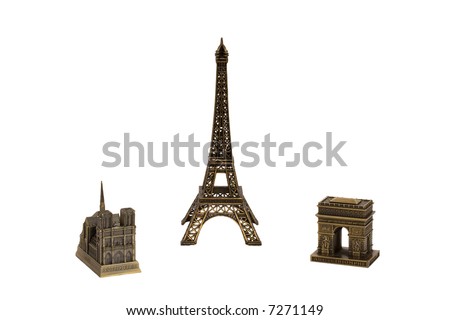 Bronze copies of Paris sights isolated on white