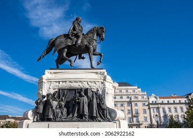 The bronze equestrian statue of Count Gyula Andrassy in front of the building of Parliament in Budapest, Hungary