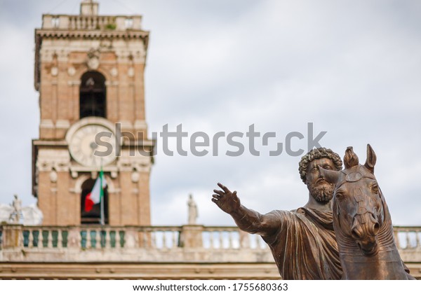 Bronze equestrian statue of Marcus Aurelius in\
Piazza del Campidoglio, on the top of Capitoline Hill in Rome,\
Italy. This is a modern copy, the original is in the Palazzo dei\
Conservatori nearby.