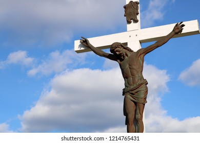 Bronze Figure Of Jesus Christ On A White Wooden Cross Outside - Hanover, Ontario Cemetery