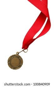 Bronze Or Gold Medal With Nice Long Red Ribbon On White Background. Isolated With Clipping Path