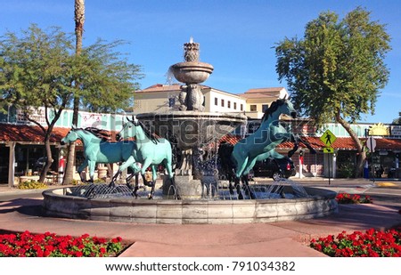 Bronze Horse Fountain on the corner of 5th Avenue in Old Town Scottsdale Arizona on the out skirts of Phoenix