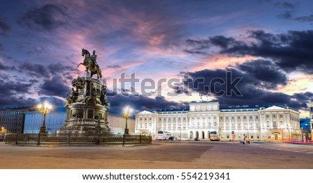The Bronze Horseman (copper horseman) an statue of Peter the Great in Saint Petersburg during the White Nights, Russia