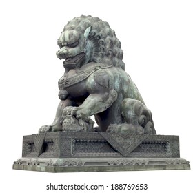 Bronze lion isolated on white with clipping path, Chinese Sculpture. 