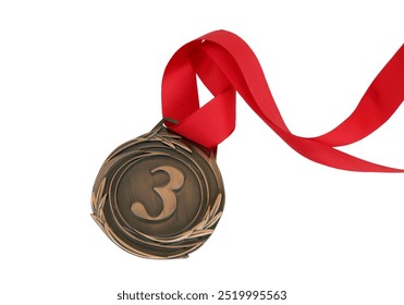 Bronze medal with number 3 and red ribbon isolated on white