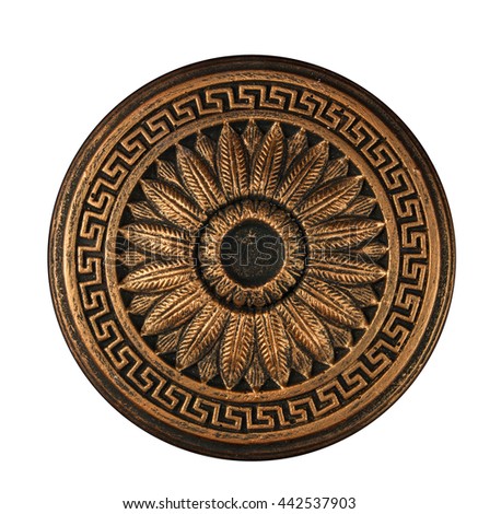 Bronze plaster rosette, a bas-relief on an isolated white background
