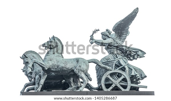 Bronze quadriga statue of goddess of Victory,  at
Austrian Parliament roof in Vienna, Austria, isolated at white
background, details,
closeup
