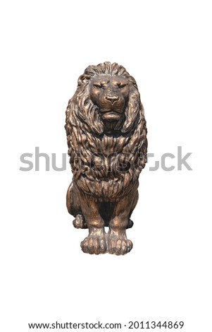 bronze sculpture of a formidable lion isolated on white background. The concept of strength, power.
