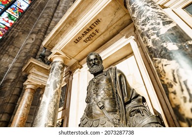 Bronze sculpture of Gian Giacomo Medici on the altar in the Duomo. Milan, Italy