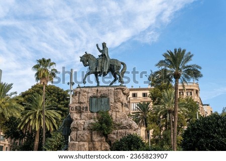 Bronze sculpture of King Jaume I riding a horse in the Plaza de España in Palma de Mallorca, Spain