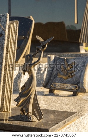 Bronze sculpture, woman with raised hands releasing a dove. Tribute on a grave