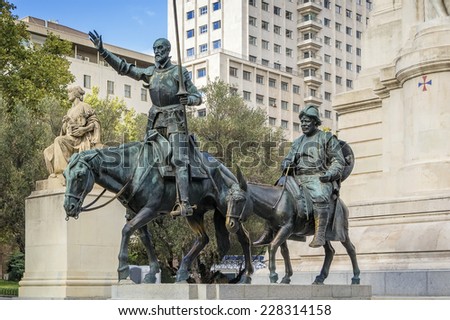 bronze sculptures of Don Quixote and Sancho Panza on Cervantes Monument, Madrid, Spain