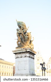 Bronze sculptures. A part of the Vittoriano memorial complex is located on the Piazza Venezia in Rome. Altar of the Fatherland in Rome at sunset