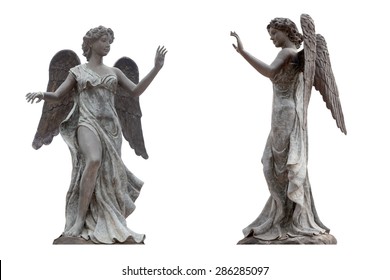 Bronze statue of an angel with wings isolated on a white background the front view. This has clipping path.