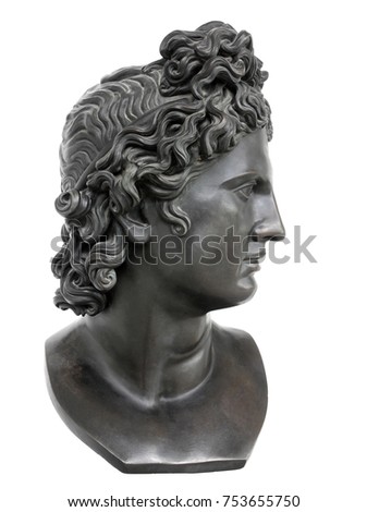 Bronze statue of Appollo against white background. Apollo in classical Greek and Roman mythology is a god of music, truth and prophecy, healing, the sun and light, plague and poetry.