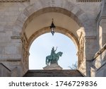Bronze statue of Equestrian statue of King St. Stephen at Fisherman Bastion in morning sunlight