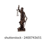 Bronze statue of Lady Justice on a white background. Statue of Justice close up