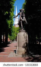 Bronze Statue of Paul Revere at Freedom Trail in front of the Old North Church, North End, James Rego Square, Hanover Street, Boston, MA