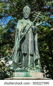 Bronze Statue Of Pope Innocent XI With Tiara And Staff. Budapest, Hungary.