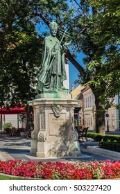 Bronze Statue Of Pope Innocent XI With Tiara And Staff. Budapest, Hungary.