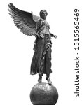 Bronze statue of a Winged Victory. Frontal view of a Statue of the goddess Nike, isolated on white background by clipping path