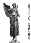 Bronze statue of a Winged Victory. Frontal view of a Statue of the goddess Nike, isolated on white background by clipping path