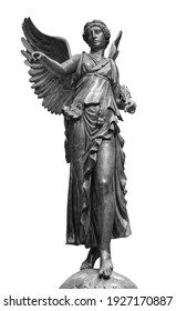 Bronze statue of a Winged Victory. Frontal view of a Statue of the goddess Nike, isolated on white background by clipping path