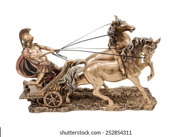 Bronze Statuette Of The Roman War In A Chariot With Two Horses Isolated On A White Background