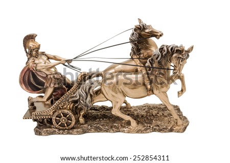 Bronze statuette of the Roman war in a chariot with two horses isolated on a white background