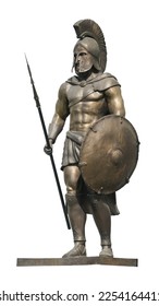 Bronze statuette of the Roman war greek Sparta type helmet roman warrior Warrior wearing iron helmet and warrior old metal shield. Ancient warrior isolated on white background. This has clipping path. - Shutterstock ID 2254164411