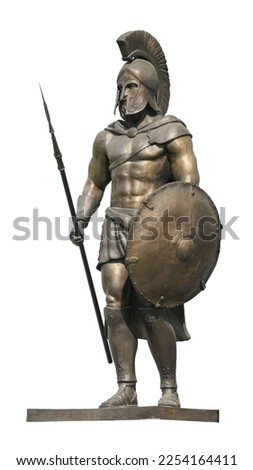 Bronze statuette of the Roman war greek Sparta type helmet roman warrior Warrior wearing iron helmet and warrior old metal shield. Ancient warrior isolated on white background. This has clipping path.