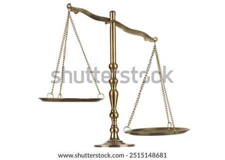 Bronze traditional balance scale with weights isolated on white background.