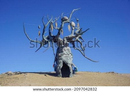 Bronze tree Keeper of Baikal in Olkhon island, Siberia, Russia