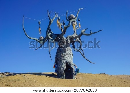 Bronze tree Keeper of Baikal in Olkhon island, Siberia, Russia