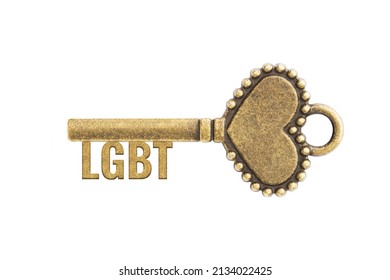 Bronze vintage antique key with word LGBT and heart shape isolated on white background. Concept possibility and opportunity - Shutterstock ID 2134022425