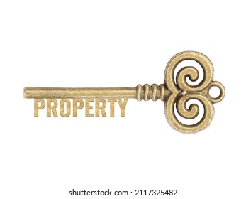 Bronze vintage antique keys with word Property isolated on white background. Concept chance and opportunity