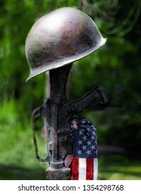 Bronze War Memorial Of Rifle, Army Helmet And American Flag