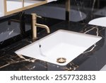 Bronze water faucet and white pedestal sink in bathroom. Stylish bathroom.