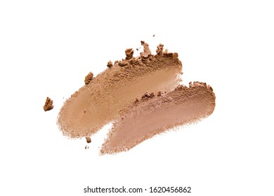 Bronzer, Eye Shadow Swatch Smear Smudge Isolated On White Background. Brown Makeup Powder Texture. Neutral Color Eye Shadow Stroke. Beige Beauty Product Smudged