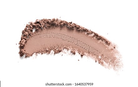 Bronzer, Eye Shadow Swatch Smear Smudge Isolated On White Background. Brown Makeup Powder Texture. Bronze Color Eyeshadow Stroke. Neutral Beige Beauty Product Smudged