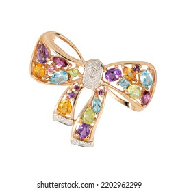 Brooch Bow With Gems Isolated On White