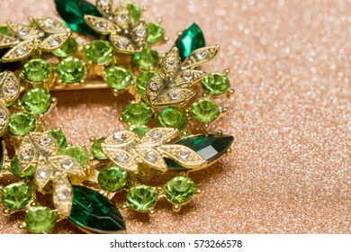 Brooch In A Shape Of A Flower Decorated With Green Rhinestones, Fashion Jewellery.